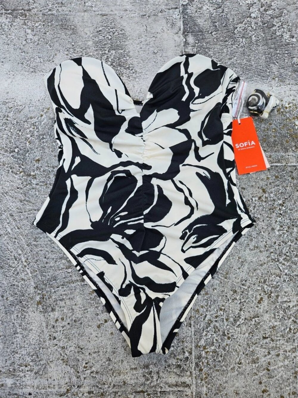 Sofia Vergara Swimsuit One Piece Black/White Shirred V Swimsuit Size M 8-10 NWT